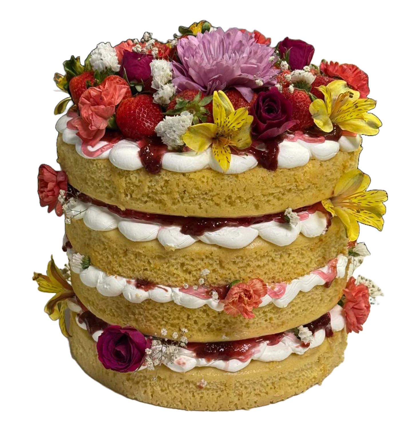 Pastel desnudo de cuatro capas decorado con fresas y flores naturales
